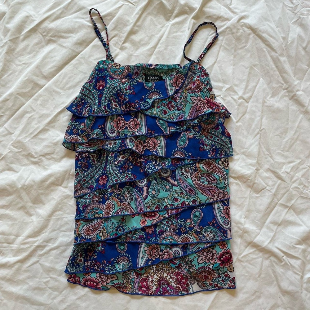 Nicole Miller Paisley Floral blue pink white teal green purple ruffle tank top